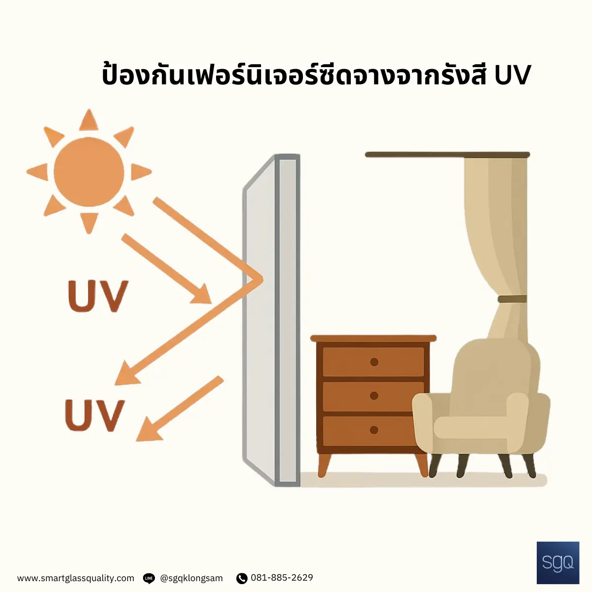 กระจก Low-E ป้องกันเฟอร์นิเจอร์ซีดจางจากรังสี UV SGQ Khlong Sam