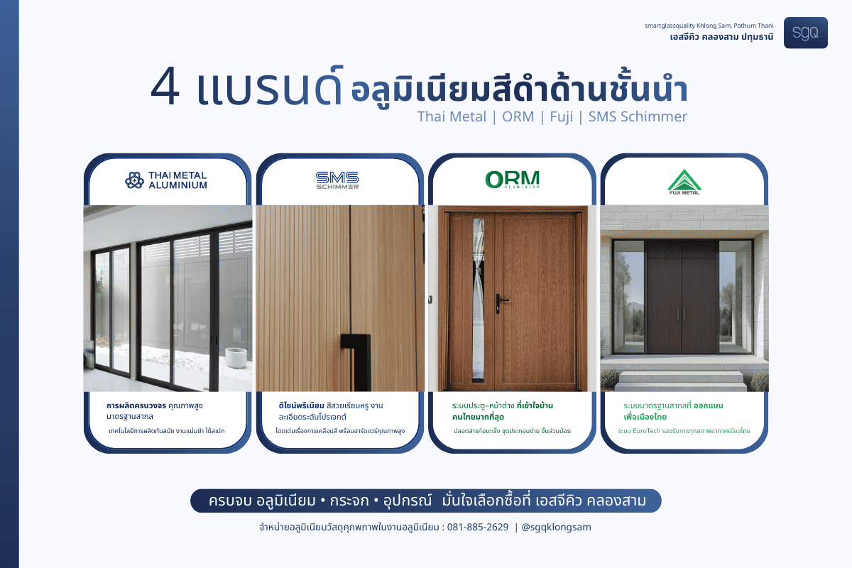 อินโฟกราฟิกแนะนำ 4 แบรนด์อลูมิเนียมสีดำด้านยอดนิยมสำหรับทำประตูบานเลื่อนอลูมิเนียม ได้แก่ Thai Metal, ORM, Fuji และ SMS Schimmer