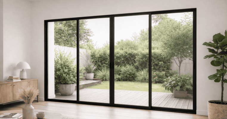 ประตูบานเลื่อนอลูมิเนียมสีดำด้าน ดีไซน์โมเดิร์นสำหรับบ้านพักอาศัย ตัวอย่างประตูบานเลื่อนอลูมิเนียมยอดนิยม
