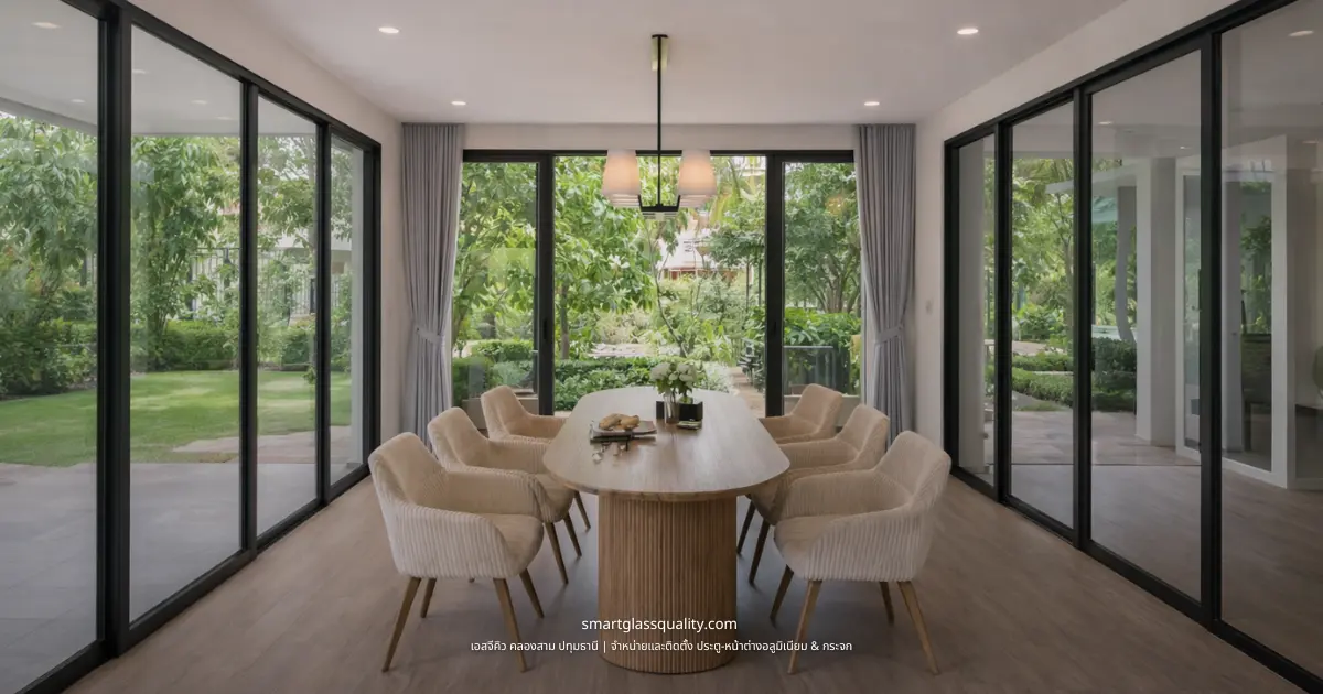 Full-Glass Aluminum Sliding Door with Black Frame for a Modern Home Open to the Garden – SGQ Khlong Sam