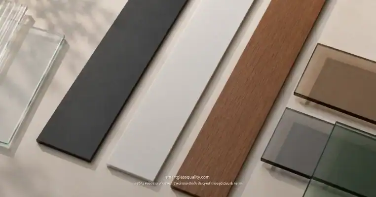 ตัวอย่างเฟรมอลูมิเนียมสีดำ สีขาว ลายไม้ จับคู่กับกระจกสีต่างๆ SGQ คลองสาม