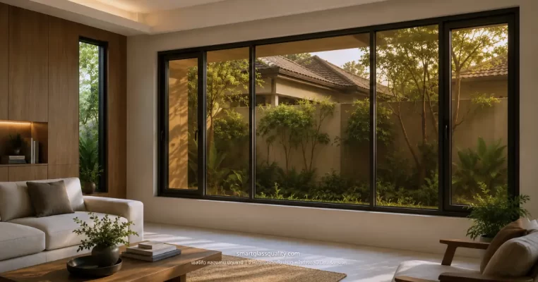 Bronze-tinted glass sliding window for a modern home, heat-reducing without making the room dark, paired with black aluminum frames | SGQ
