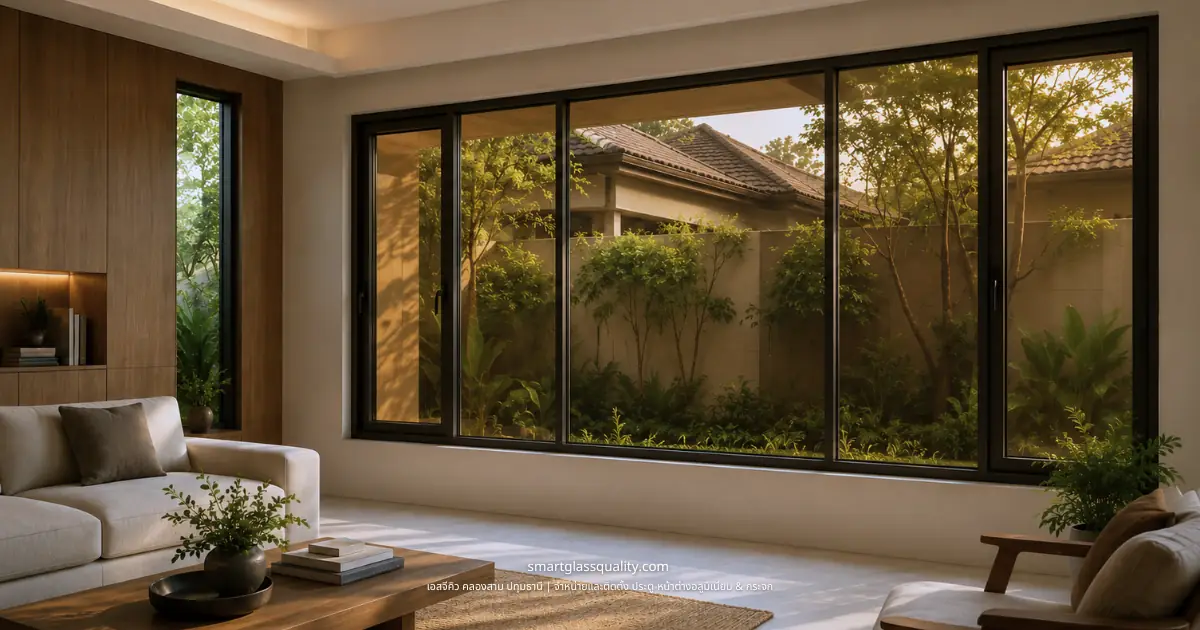 Bronze-tinted glass sliding window for a modern home, heat-reducing without making the room dark, paired with black aluminum frames | SGQ